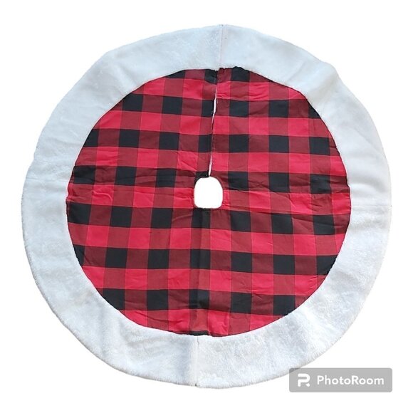 Nwot Medium Buffalo Plaid Red/Black Christmas Tree Skirt W/Faux Fur Trim-34.5 In - Picture 1 of 2